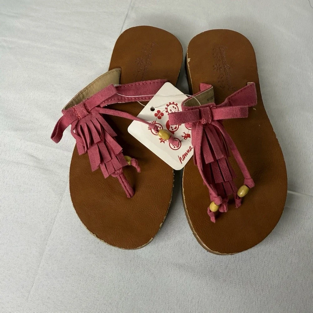Hanna Andersson Pink Fringe Sandals Boho Girly Flip Flop‎ Summer Girls 11/12